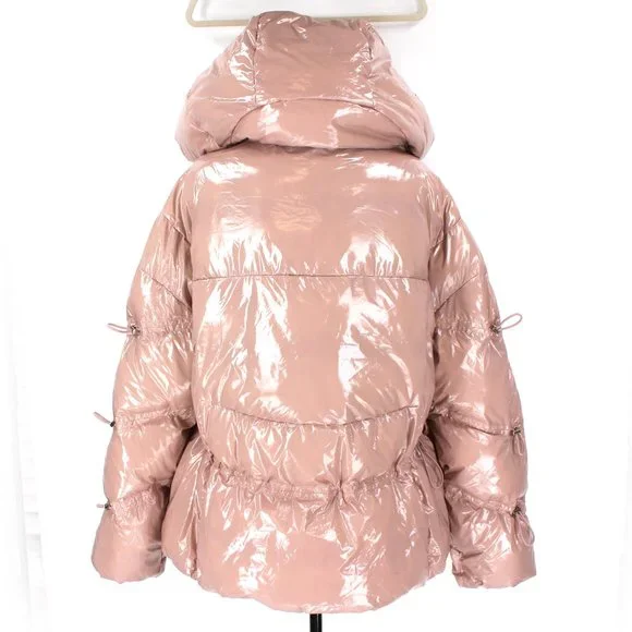 ALO Yoga Stunner Puffer Jacket High Gloss Dusty Pink Coat Hooded L NEW - Picture 7 of 10